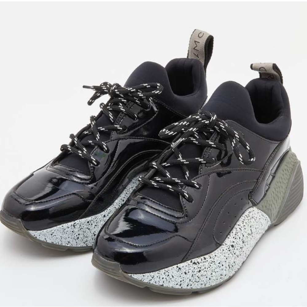 Stella McCartney Black Faux Patent Leather and Neoprene Scuba Sneakers Size 38